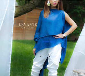 One shoulder long sleeve top in blue