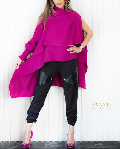 One shoulder long sleeve top in Magenta