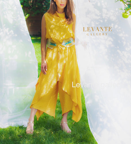 Yellow jumpsuit with belt